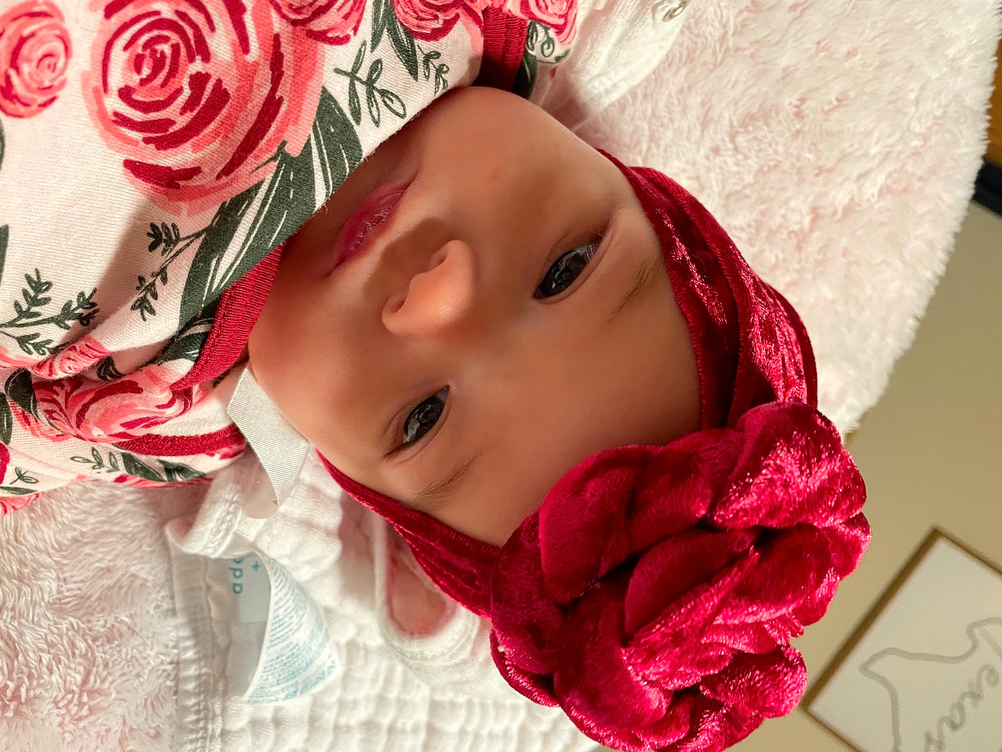 Ava joined the competition — help win amazing prizes! baby, cheek, chin, eye, eyebrow, eyelash, happy, headgear, headpiece, headwear, lip, magenta, pattern, person, petal, pink, plant, red, rose, skin