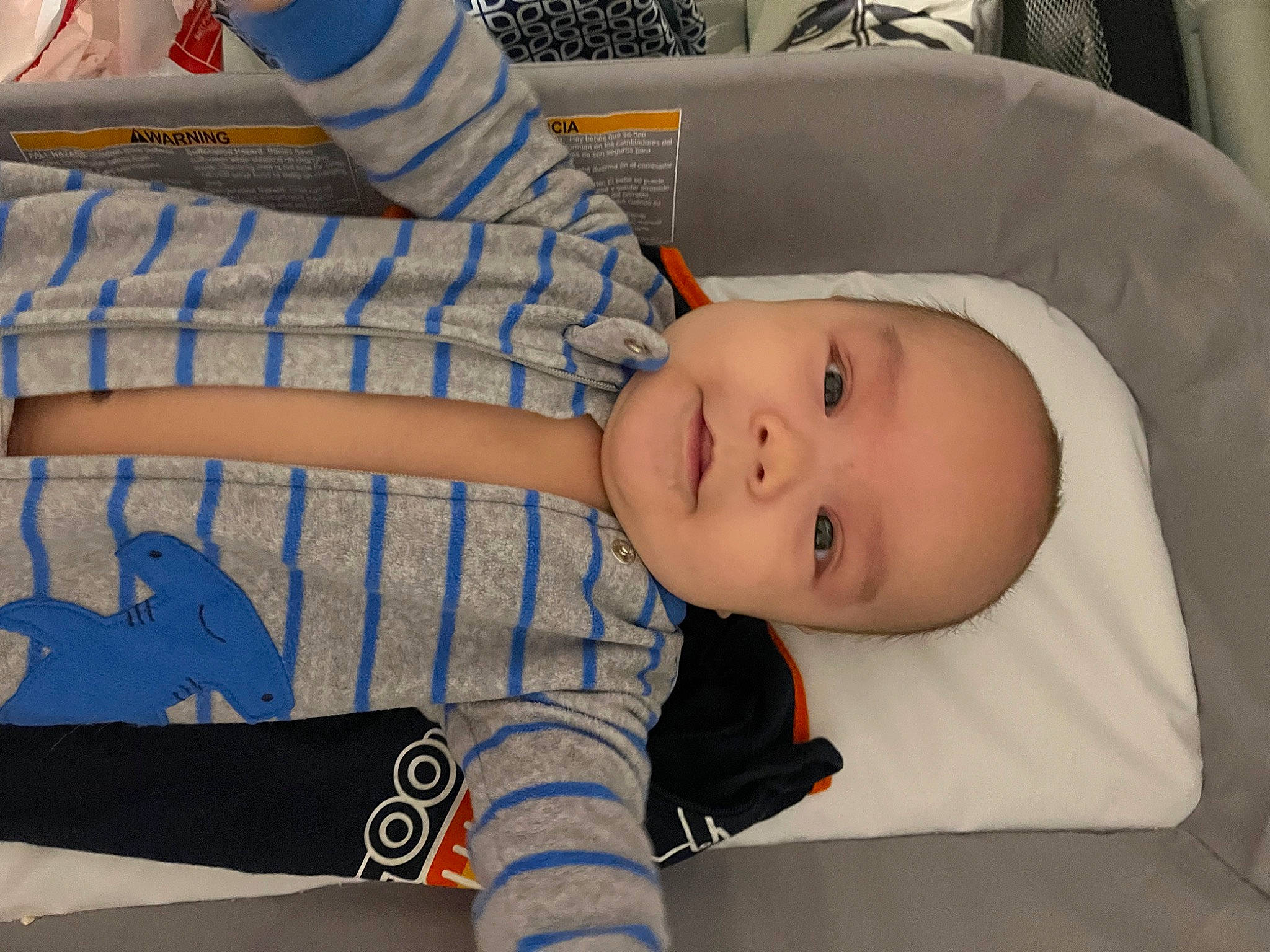 Khalani joined the competition — help win amazing prizes! arm, baby, baby_products, baby_safety, baby_toddler_clothing, child, clothing, comfort, elbow, electric_blue, eye, finger, fun, pattern, person, sitting, skin, sleeve, smile, toddler