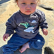Santino is registered to the contest to win money with this photo: toddler, child, beach, sand, sitting, clothing, sweatshirt, jeans, barefoot, sunlight, outdoor, portrait, dinosaur_print, casual, young_child, face, hands, feet, nature, daytime