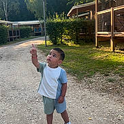 Sacha participe au concours pour gagner de l'argent avec cette photo : cabin, child, curious, daytime, gravel, greenery, nature, outdoor, park, path, person, pointing, shorts, sneakers, summer, sunlight, toddler, trees, tshirt, wooden_structure