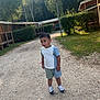 casual_clothing, child, curious, daylight, gravel_path, greenery, hedge, lamp_post, nature, outdoor, person, serious_expression, shorts, sneakers, summer, trees, tshirt, walking_path, wooden_cabins, young_child