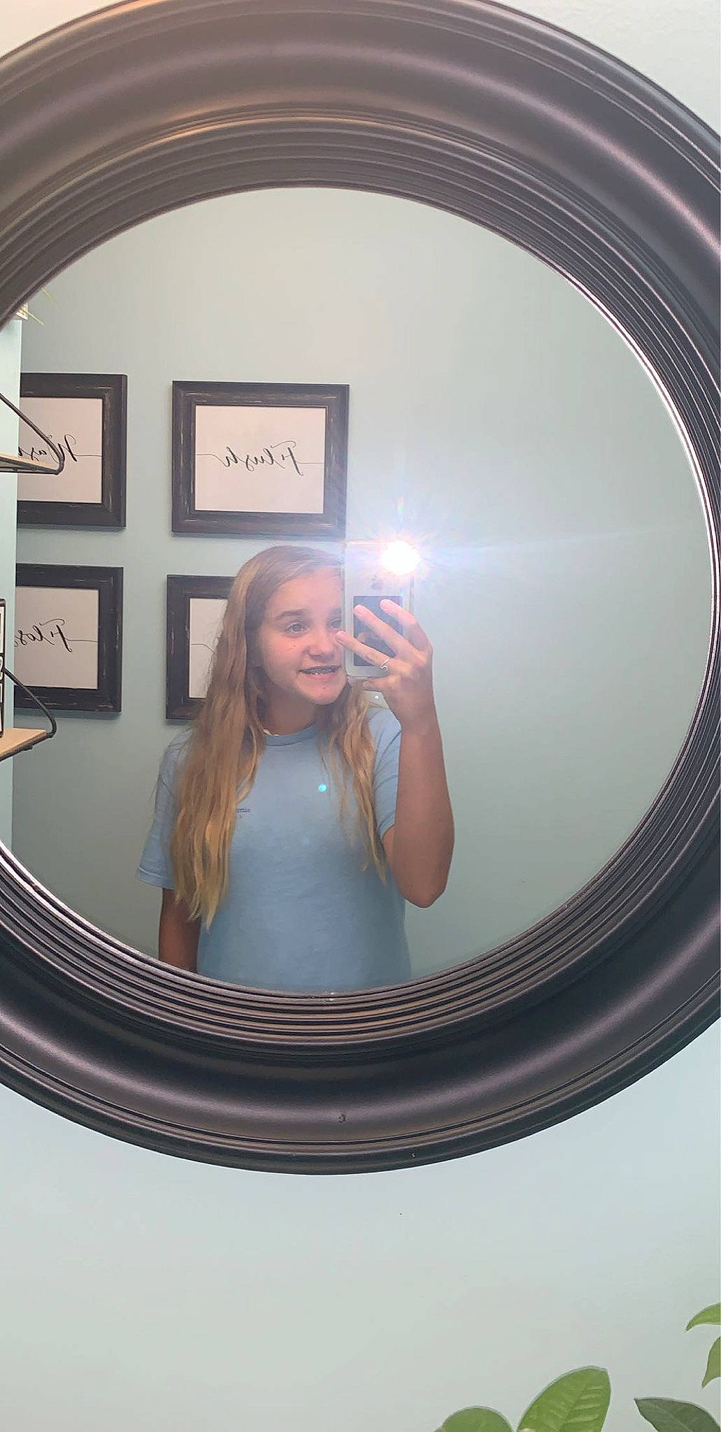 Sydney joined the competition — help win amazing prizes! architecture, blond, circle, interior_design, joy, long_hair, material_property, mirror, oval, person, picture_frame, window