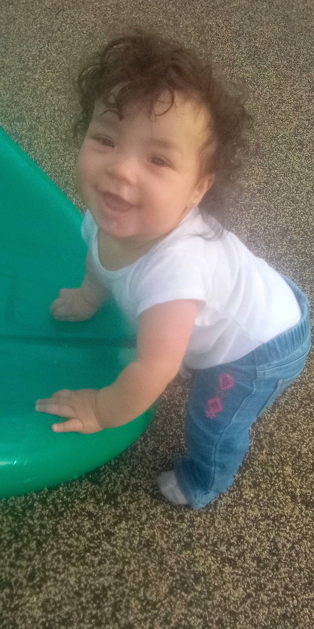 Iden-katyushka is registered to the contest to win money with this photo: baby, baby_toddler_clothing, child, electric_blue, eye, flooring, fun, grass, happy, head, leg, leisure, person, recreation, sitting, skin, smile, standing, t_shirt, tints_and_shades