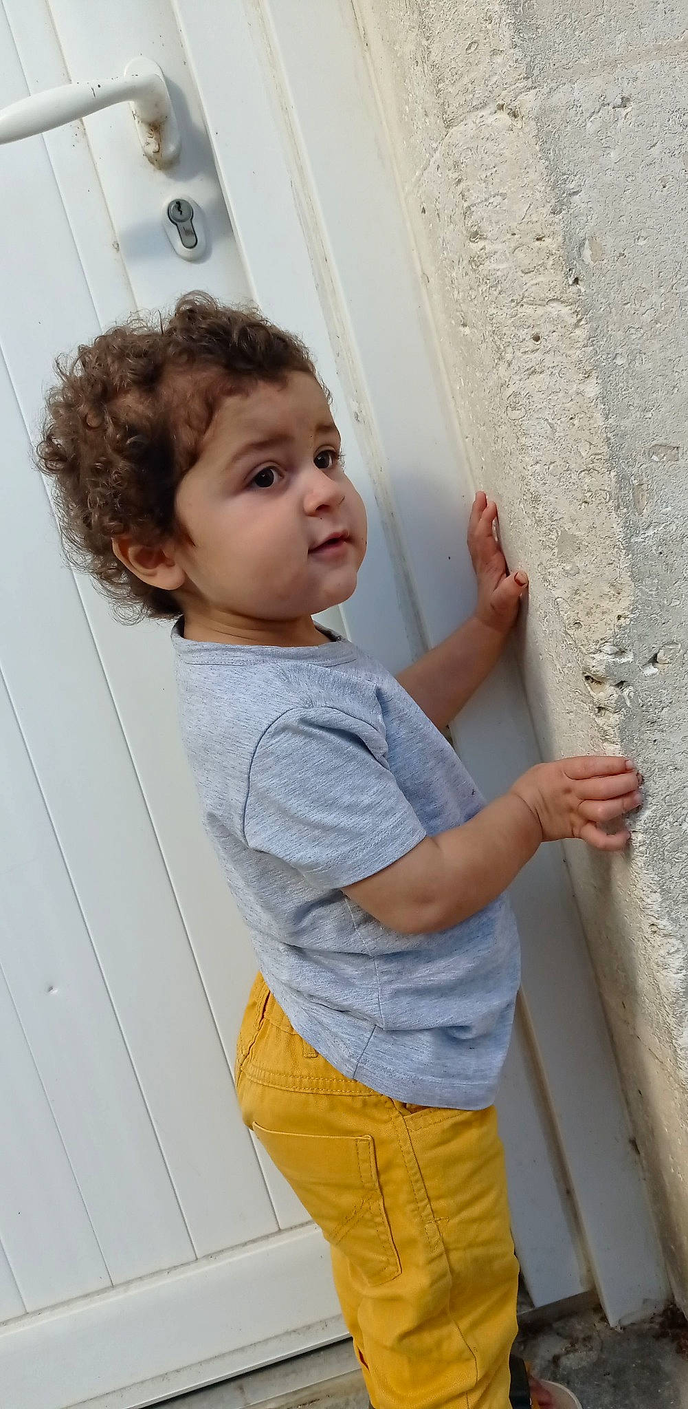 Lukas participe au concours pour gagner de l'argent avec cette photo : child, chin, dress, elbow, fun, hairstyle, happy, human_leg, joint, pattern, person, plant, shoulder, sleeve, standing, t_shirt, toddler, tree, waist, window