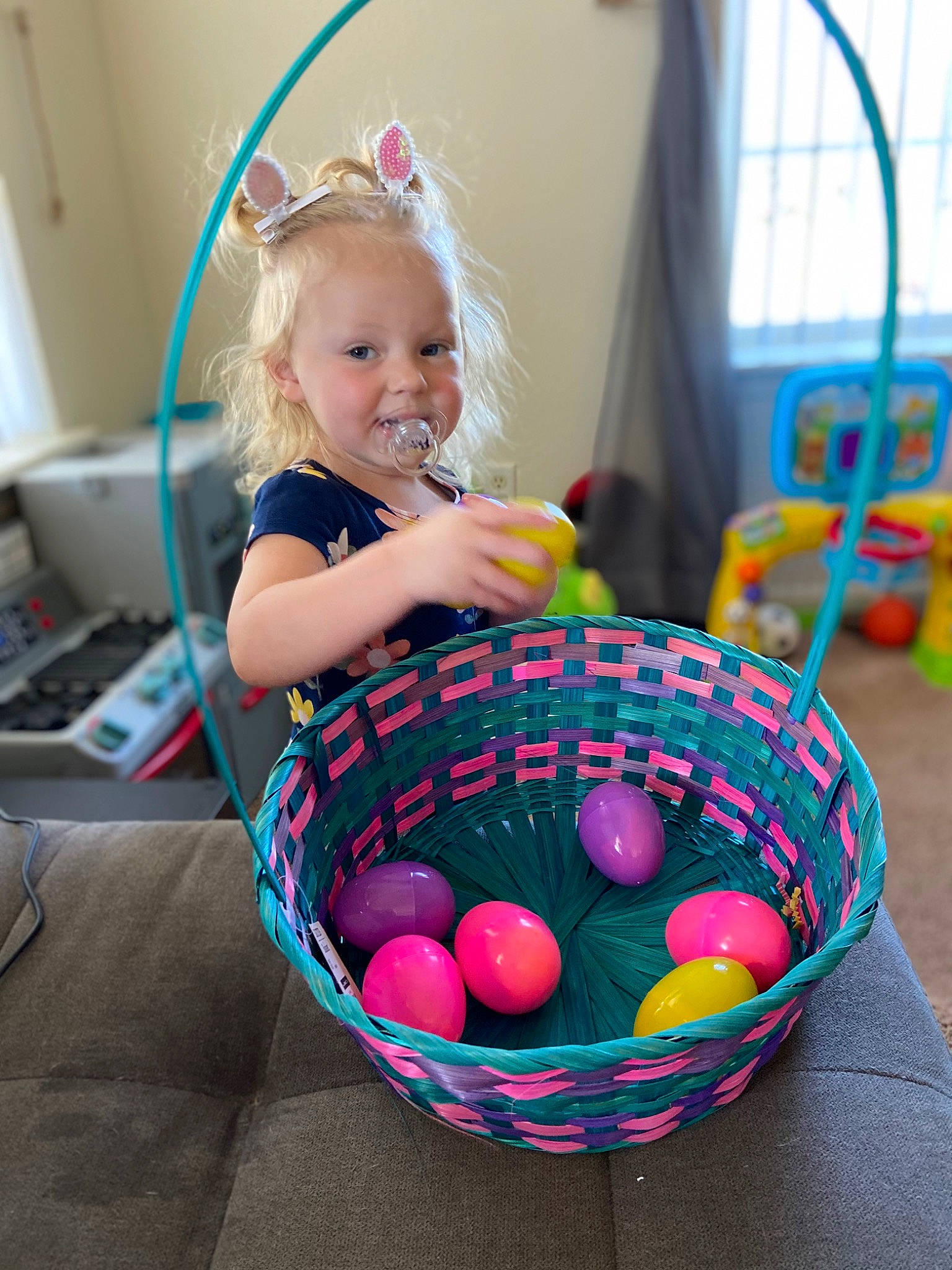 Ruby joined the competition — help win amazing prizes! baby, baby_toddler_clothing, basket, child, curtain, easter, easter_egg, event, fun, happy, holiday, leisure, party_supply, person, product, room, sitting, smile, sports_toy, toddler
