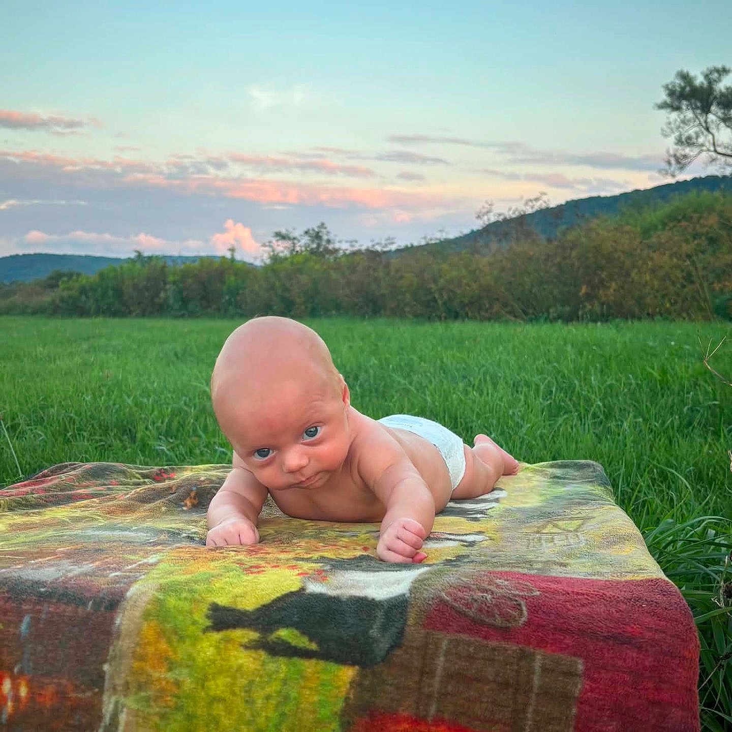 Austin is registered to the contest to win money with this photo: baby, tummy_time, diaper, blanket, grass, outdoor, field, sunset, sky, hill, nature, infant, child, cute, portrait, greenery, young, expression, daylight, scenery