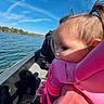 Alannah Carol joined the competition — help win amazing prizes! child, toddler, life_jacket, boat, water, lake, sky, outdoor, nature, summer, portrait, face, hair_tied, pink, clothing, person, reflection, sunlight, recreation, travel