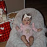 Alannah Carol is registered to the contest to win money with this photo: baby, child, pink_onesie, headband, bow, gingerbread_man, fluffy_chair, cookies, milk_jar, presents, gift_wrapping, holiday, tablecloth, wooden_floor, smiling, indoor, happy, infant, cozy, festive