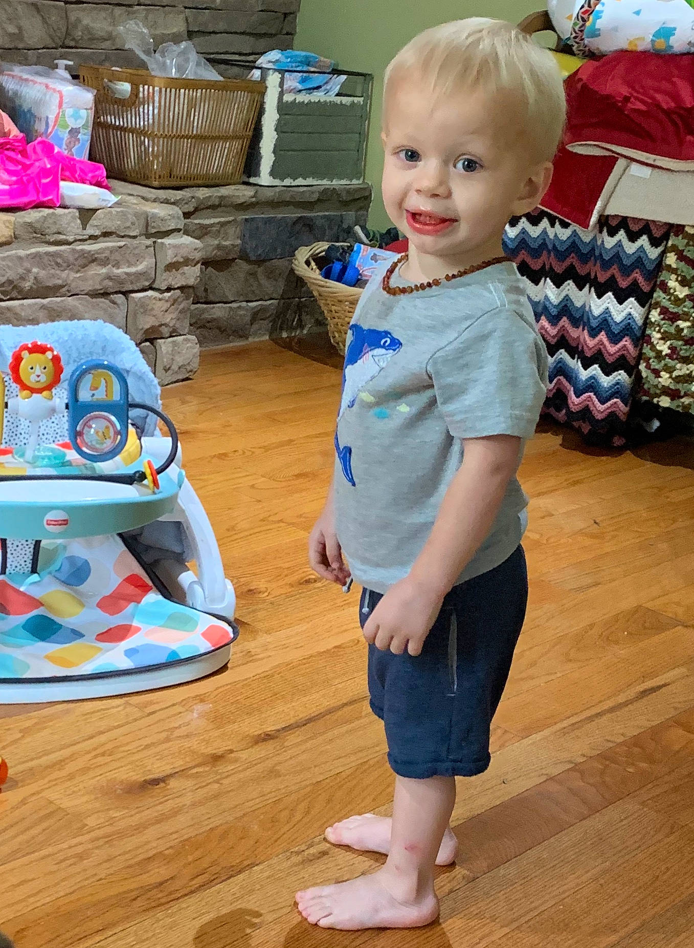 Colton joined the competition — help win amazing prizes! baby_toddler_clothing, child, floor, flooring, person, play, shoe, sleeve, standing, t_shirt, toddler