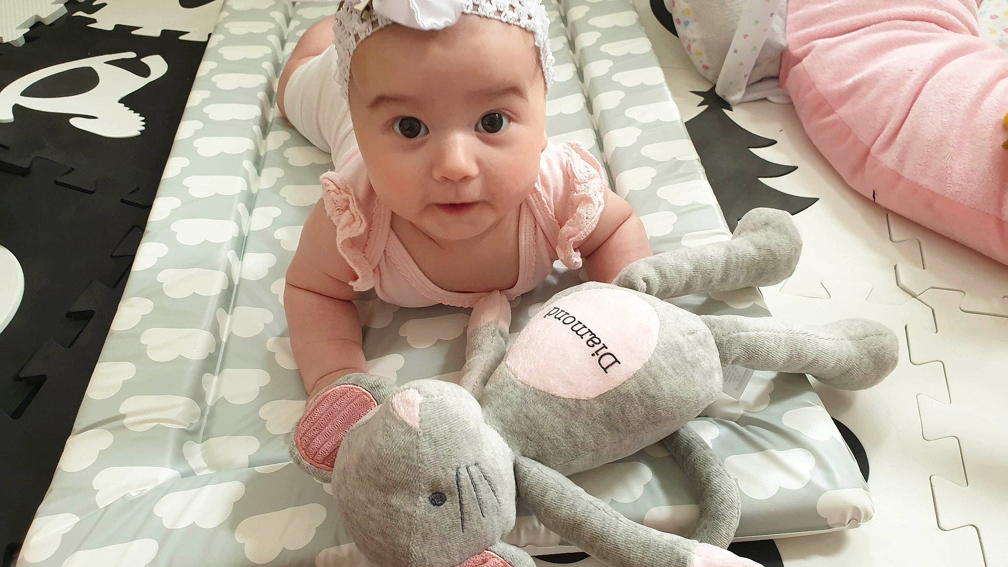 Diamond is registered to the contest to win money with this photo: baby, child, head, person, pink, plush, skin, stuffed_toy, surprise, textile, toddler, toy