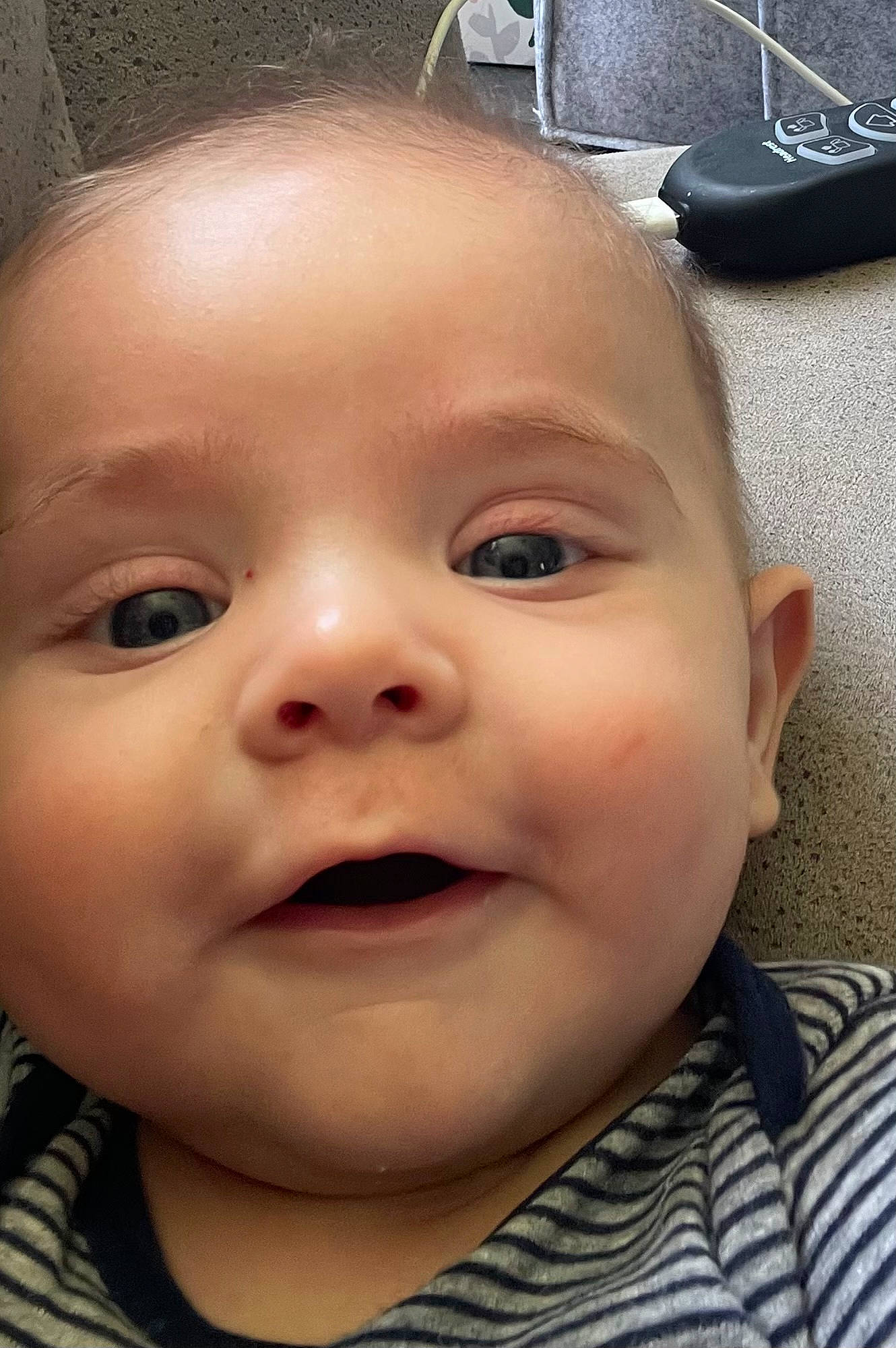 Cooper is registered to the contest to win money with this photo: baby, baby_toddler_clothing, cheek, child, ear, eye, eyebrow, eyelash, forehead, fun, happy, iris, jaw, lip, mouth, nose, person, portrait_photography, skin, smile