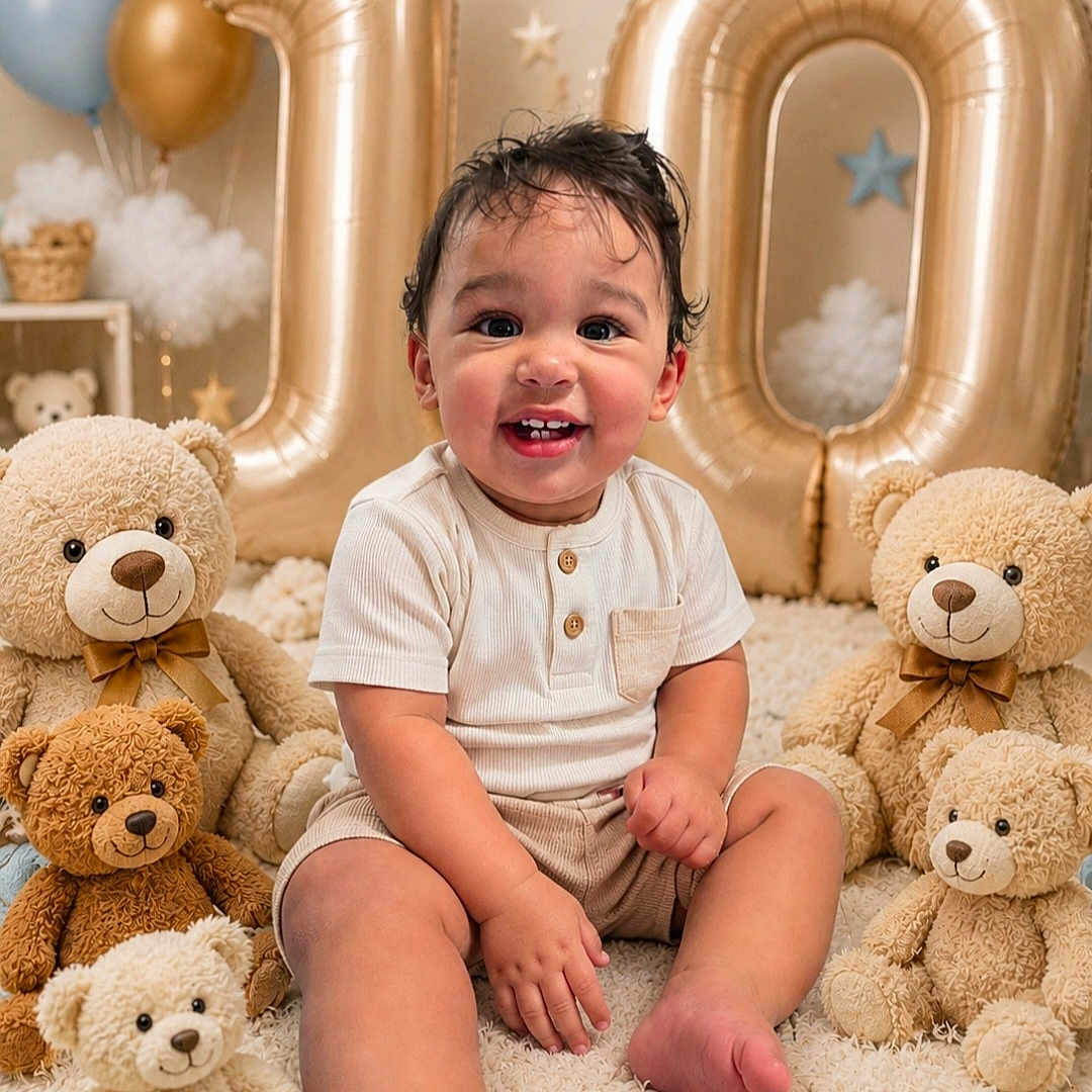 Dayron Alejandro joined the competition — help win amazing prizes! baby, teddy_bear, balloon, celebration, smile, child, indoor, toy, number, golden, star, cute, happy, sitting, portrait, fluffy, decor, festive, infant, soft