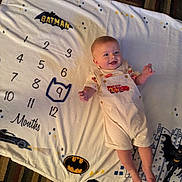 Ray is registered to the contest to win money with this photo: baby, infant, smiling, blanket, batman, milestone, numbers, car, overalls, clothing, floor, carpet, foot, person, cute, child, happy, indoors, portrait, toddler
