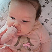 Lily-Mae is registered to the contest to win money with this photo: baby, infant, child, pink_clothing, tutu, bunny_design, pigtails, thumb_sucking, cute, adorable, star_pillow, soft_toys, closeup, portrait, indoor, sleeping_area, baby_girl, cozy, baby_outfit, happy