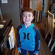 Eli joined the competition — help win amazing prizes! child, boy, young, smiling, portrait, indoors, kitchen, hoodie, blue_clothing, standing, happy, face, brown_hair, eyes, refrigerator, dining_chair, wooden_floor, trash_bin, stroller, home