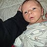 Korbyn joined the competition — help win amazing prizes! newborn, baby, infant, child, face, portrait, wide_eyes, lying_down, pajamas, bicycle_pattern, quilt, blanket, bed, indoor, close_up, adult_arm, cozy, sleepwear, photography, family