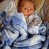 baby, newborn, infant, child, portrait, face, eyes, blanket, swaddle, bedding, crib, nursery, cozy, indoors, sleeping, sitting, clothing, blue, white, cute