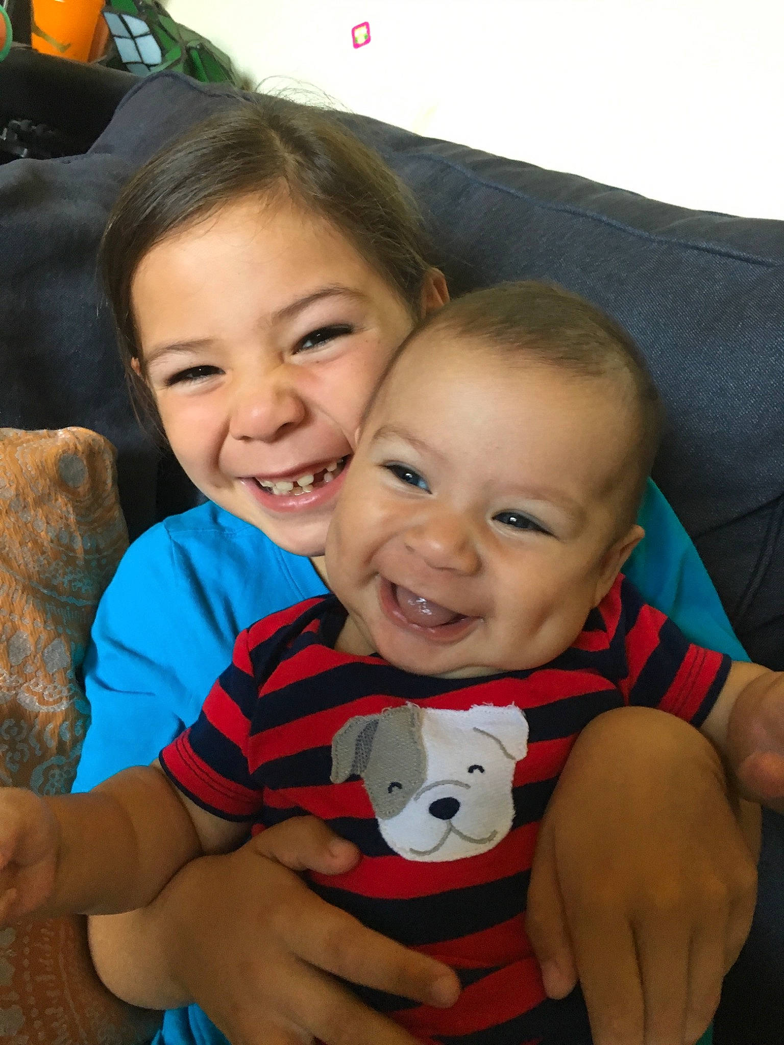 Matheo is registered to the contest to win money with this photo: baby, cheek, child, finger, fun, happy, head, joy, nose, people, person, play, sibling, skin, smile, stuffed_toy, textile, toddler