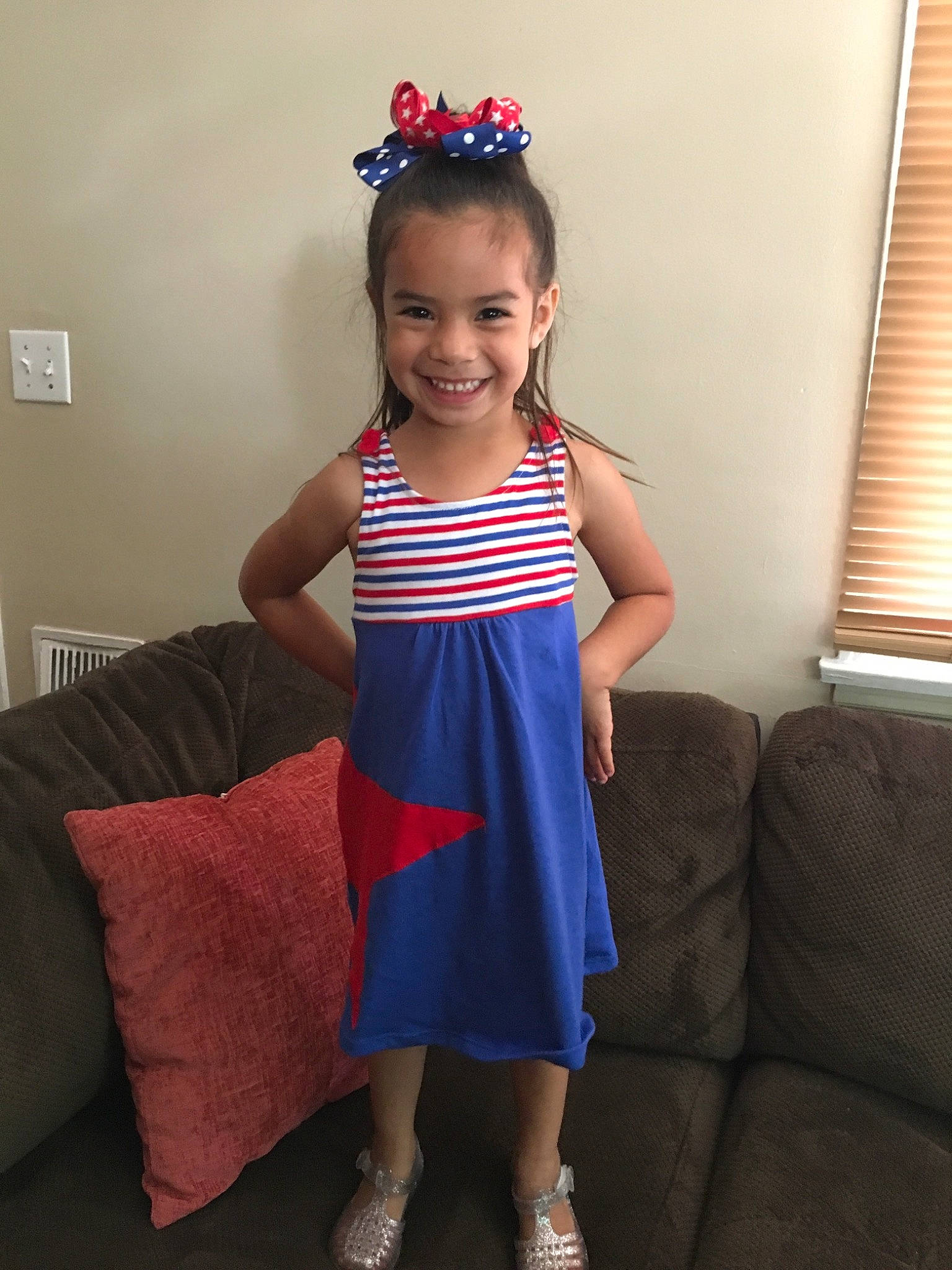 Denise joined the competition — help win amazing prizes! blue, child, child_model, clothing, cobalt_blue, costume, day_dress, dress, electric_blue, hair_accessory, joy, magenta, one_piece_garment, pattern, person, pink, purple, red, standing, textile