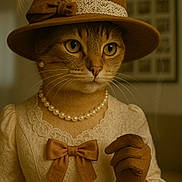 Doudou a rejoint le concours — aidez-le/la à gagner de superbes lots ! cat, vintage_clothing, hat, feather, pearl_necklace, gloves, lace, bow, portrait, costume, indoor, feline, elegant, brown, dress, closeup, animal, whiskers, fashion, retro
