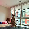 Ghost is registered to the contest to win money with this photo: cat, orange_cat, indoor, window, plush_toy, sloth, pink_caterpillar_toy, floor, light, daylight, curious, pet, furniture, cat_tree, home, room, wood_floor, relaxed, animal, cute
