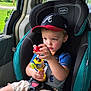 Axel joined the competition — help win amazing prizes! toddler, child, car_seat, toy, baseball_cap, blue_shirt, shorts, safety_belt, vehicle_interior, window, greenery, daylight, focused, cute, casual_clothing, seatbelt, child_safety, car, people, portrait