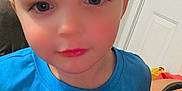 Axel is registered to the contest to win money with this photo: child, boy, blue_shirt, indoor, face, portrait, young, casual_clothing, short_hair, smiling, sitting, home, door, background, person, cute, childhood, toddler, eyeballs, expression