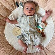Ezio participe au concours pour gagner de l'argent avec cette photo : baby, infant, plush_toy, milestone_marker, romper, cushion, soft_texture, lying_down, wide_eyes, baby_clothing, indoor, child, cute, adorable, newborn, two_months, portrait, skin, hand, foot