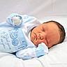 newborn, baby, sleeping, infant, blue_clothing, white_blanket, cute, peaceful, soft_texture, portrait, child, indoors, cozy, resting, closeup, sleep, small_hands, face, cute_outfit, serene