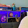kitten, cat, bookshelf, books, globe, fan, purple_led_lights, wooden_shelf, indoor, cozy, cubby, decor, stationery, pencils, jar, reading, furniture, pet, curious, sitting
