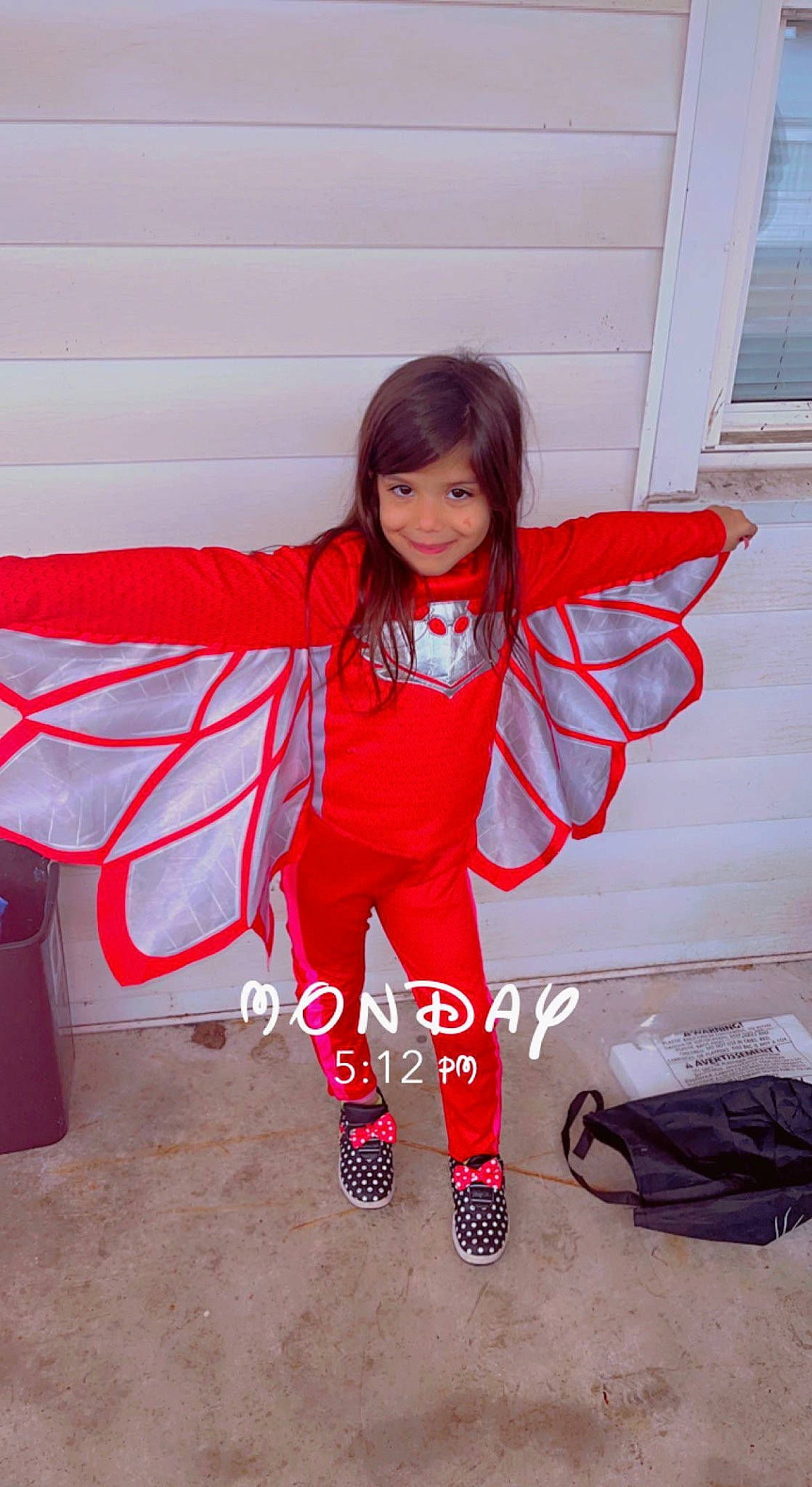 Trinitty is registered to the contest to win money with this photo: bag, carmine, child, costume, event, fashion_accessory, fictional_character, fun, happy, human_leg, joy, leg, luggage_and_bags, magenta, pattern, person, pink, shoe, sitting, sleeve