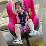 Freyja is registered to the contest to win money with this photo: baby, car_interior, car_seat, child, child_clothing, child_seat, footwear, interior, leather_seat, person, pink, safety, sandal, seat, seat_belt, sitting, sunlight, vehicle, window, young_child