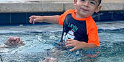 Ivan joined the competition — help win amazing prizes! child, toddler, pool, water, swimming, splashing, orange_shirt, navy_shirt, smiling, face, wet_hair, outdoor, daylight, blurred_background, lounge_chair, plant, happy, person, recreation, summer