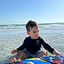 child, toddler, water, ocean, beach, boogie_board, seashells, sky, waves, sitting, wet_hair, swimwear, sunny, outdoor, curious, playful, summer, vacation, sea, young_child