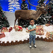Axel Carrera is registered to the contest to win money with this photo: child, boy, reindeer, christmas, holiday, presents, snow, trees, decorations, indoor, floor, jeans, sneakers, blue_background, festive, winter, celebration, curious, casual_clothing, display