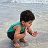 child, toddler, beach, water, splashing, waves, sand, ocean, playful, summer, barefoot, green_shirt, black_shorts, wet_hair, outdoor, nature, fun, happy, crouching, sea