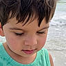child, boy, portrait, close_up, face, hair, eyelashes, green_shirt, beach, ocean, water, summer, outdoor, casual_clothing, young, thoughtful, natural_light, skin, toddler, peaceful