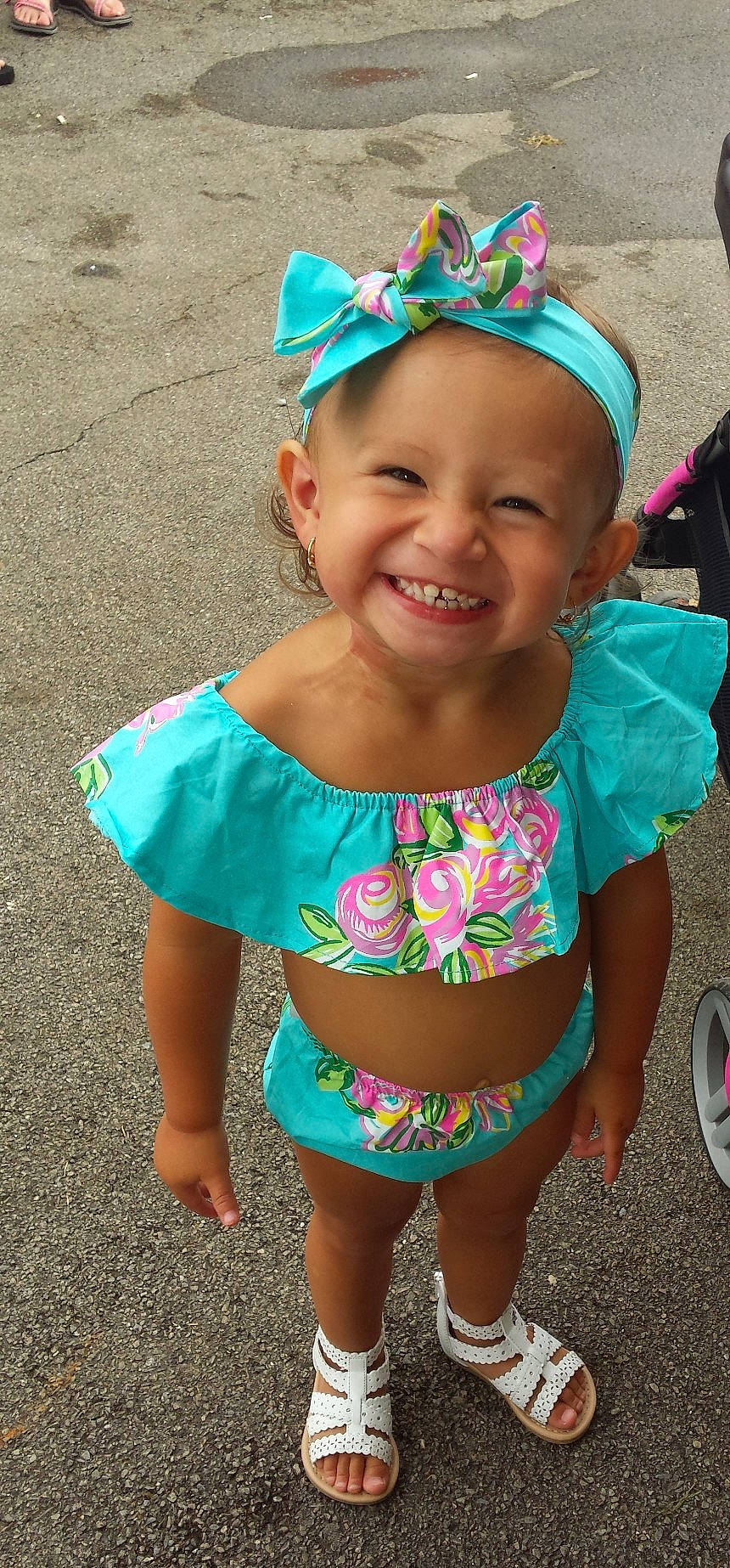 Emiliana joined the competition — help win amazing prizes! baby_products, child, day, facial_expression, fun, girl, green, hair_accessory, happiness, headgear, infant, joy, person, pink, play, product, skin, smile, toddler, vacation