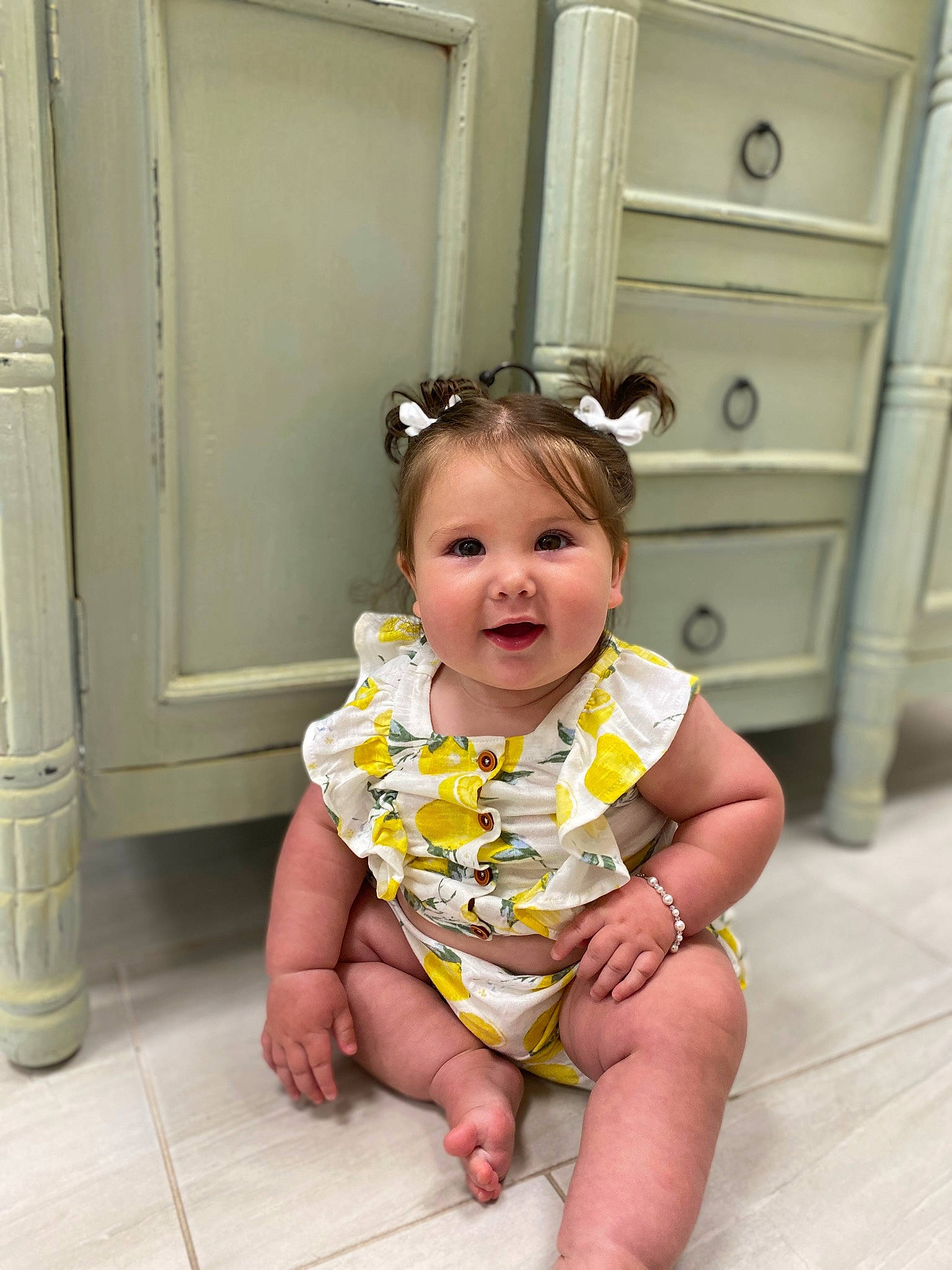 Everleigh joined the competition — help win amazing prizes! arm, baby, baby_toddler_clothing, cabinetry, cheek, drawer, eye, face, facial_expression, fun, happy, head, leg, mouth, person, pink, skin, smile, standing, thigh