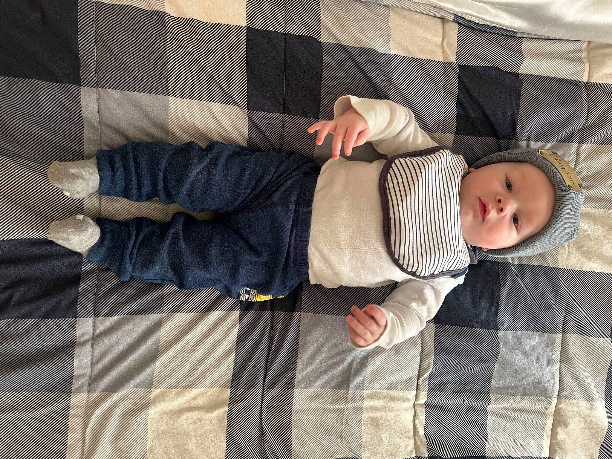 Clayton joined the competition — help win amazing prizes! baby, baby_products, baby_safety, baby_sleeping, baby_toddler_clothing, bedding, child, collar, comfort, dress_shirt, headwear, infant_bed, linens, pattern, person, plaid, product, room, sleeve, tartan