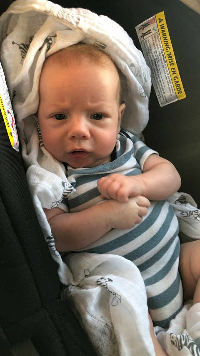 Matthias joined the competition — help win amazing prizes! baby, infant, car_seat, striped_clothing, blanket, face, expression, curious, frown, hands, skin, head, person, child, indoor, warning_label, fabric, seat, closeup, newborn