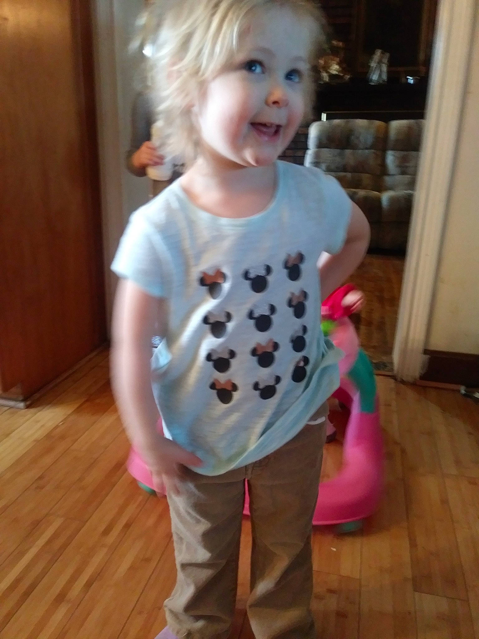 Jordynn joined the competition — help win amazing prizes! baby_products, baby_toddler_clothing, child, costume, pattern, person, play, polka_dot, sleeve, smile, standing, t_shirt, toddler