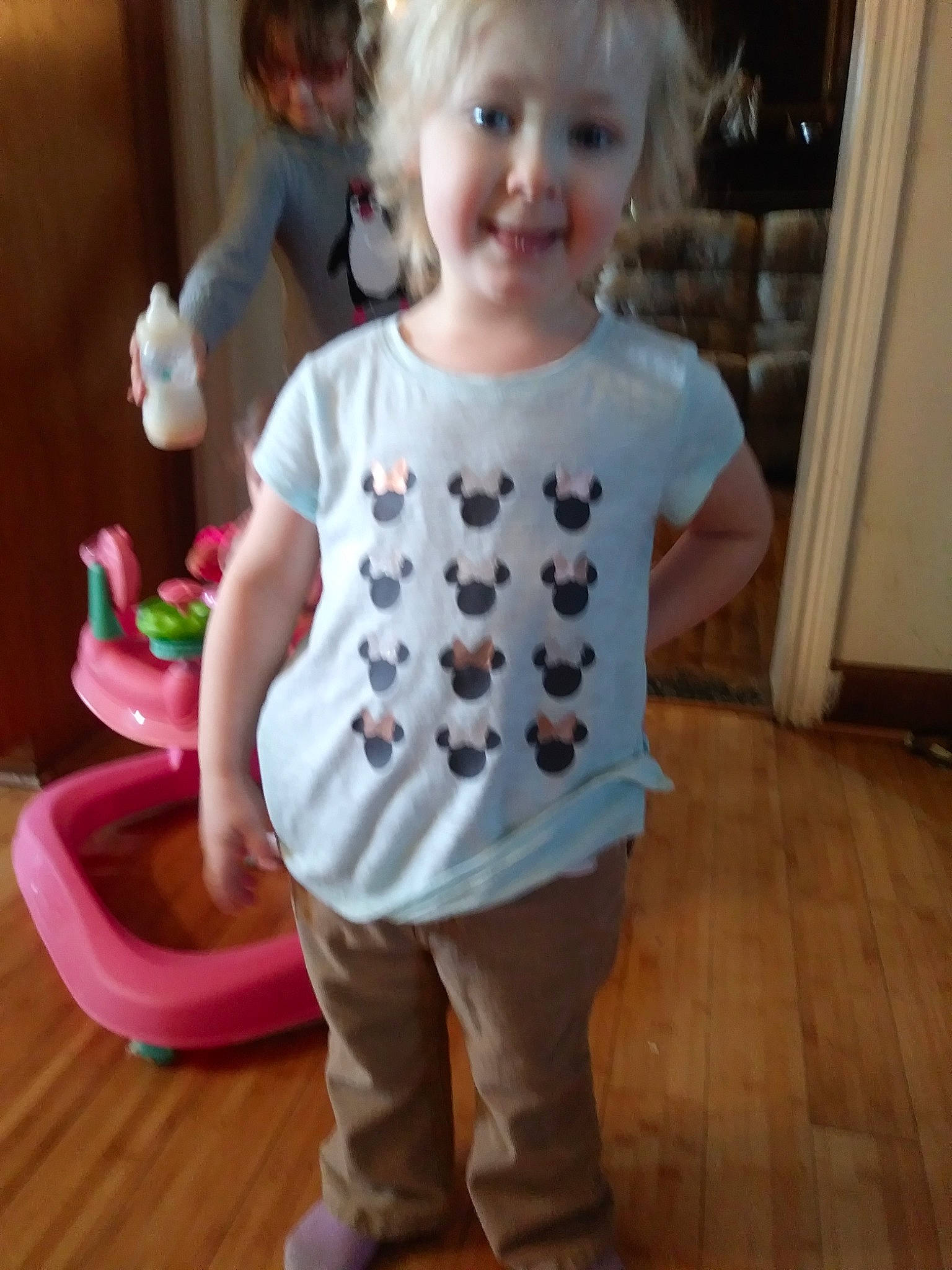 Jordynn joined the competition — help win amazing prizes! baby, baby_products, baby_toddler_clothing, child, clothing, joy, pattern, person, pink, play, product, sleeve, smile, standing, t_shirt, toddler