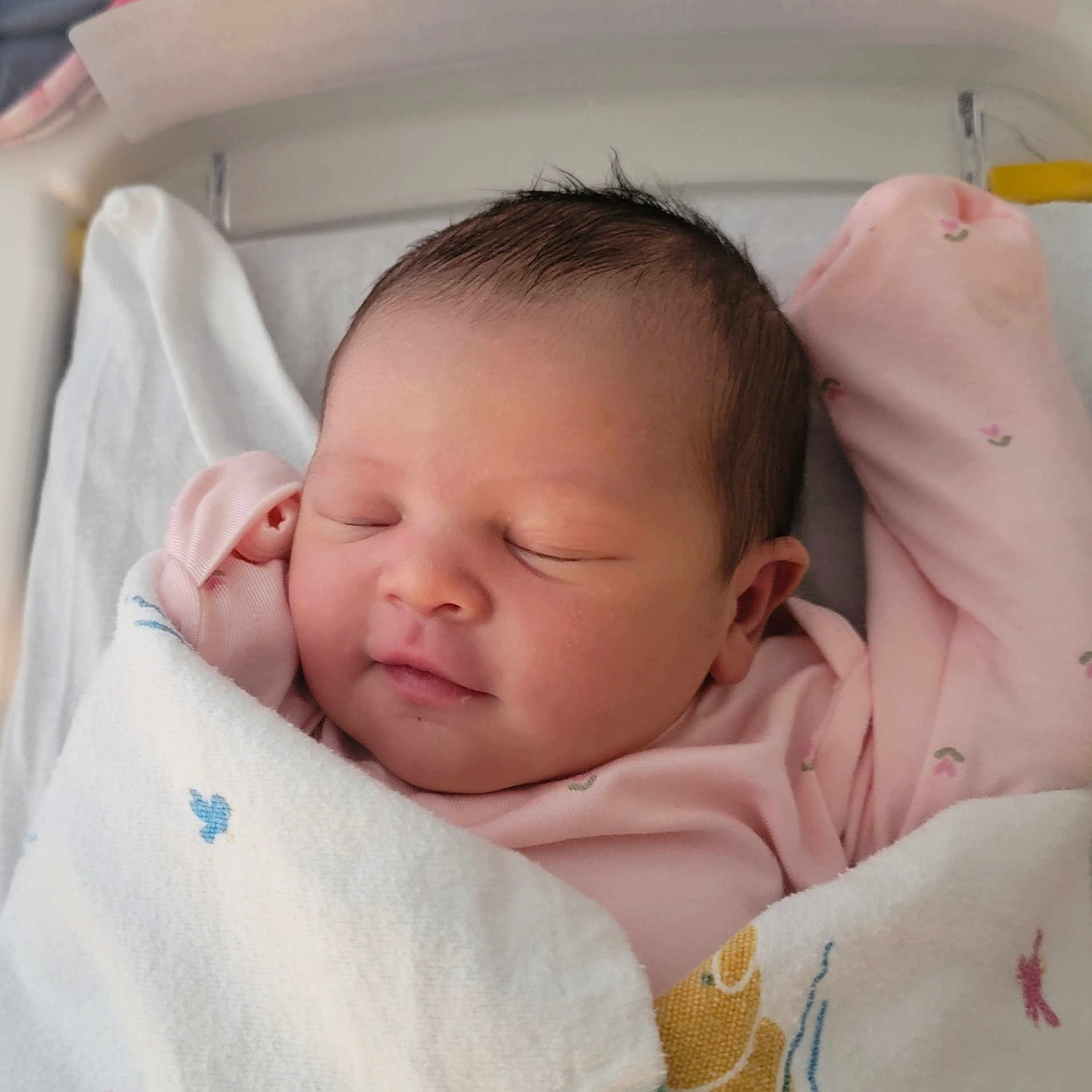 Marcelina is registered to the contest to win money with this photo: baby, bed, blanket, child, closeup, crib, cute, face, indoors, infant, newborn, pajamas, peaceful, pink, relaxation, resting, skin, sleeping, soft, wrapped