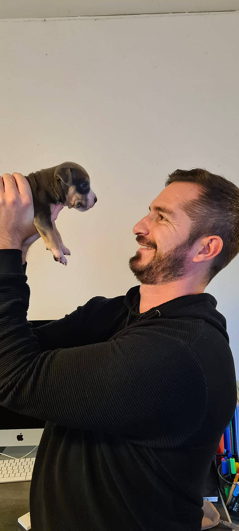 Star a rejoint le concours — aidez-le/la à gagner de superbes lots ! arm, audio_equipment, beard, canidae, carnivore, companion_dog, dog, dog_breed, elbow, event, eyewear, facial_hair, fawn, fun, fur, gesture, human, smile, sporting_group, t_shirt