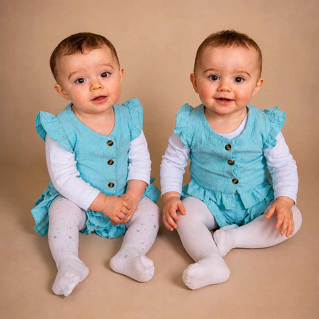 Ilyanna Et Ayanna participe au concours pour gagner de l'argent avec cette photo : baby, blue_dress, child, curious, cute, expression, feet, floor, hands, indoor, light_skin, matching_outfits, portrait, short_hair, sitting, smiling, studio, toddler, twins, white_tights