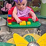 Kelsi joined the competition — help win amazing prizes! baby, child, purple_bow, red_seat, building_blocks, water_table, yellow_flower, fountain, indoor, play, toy, concentration, cute, person, headband, pink_clothing, face, hands, water, colorful