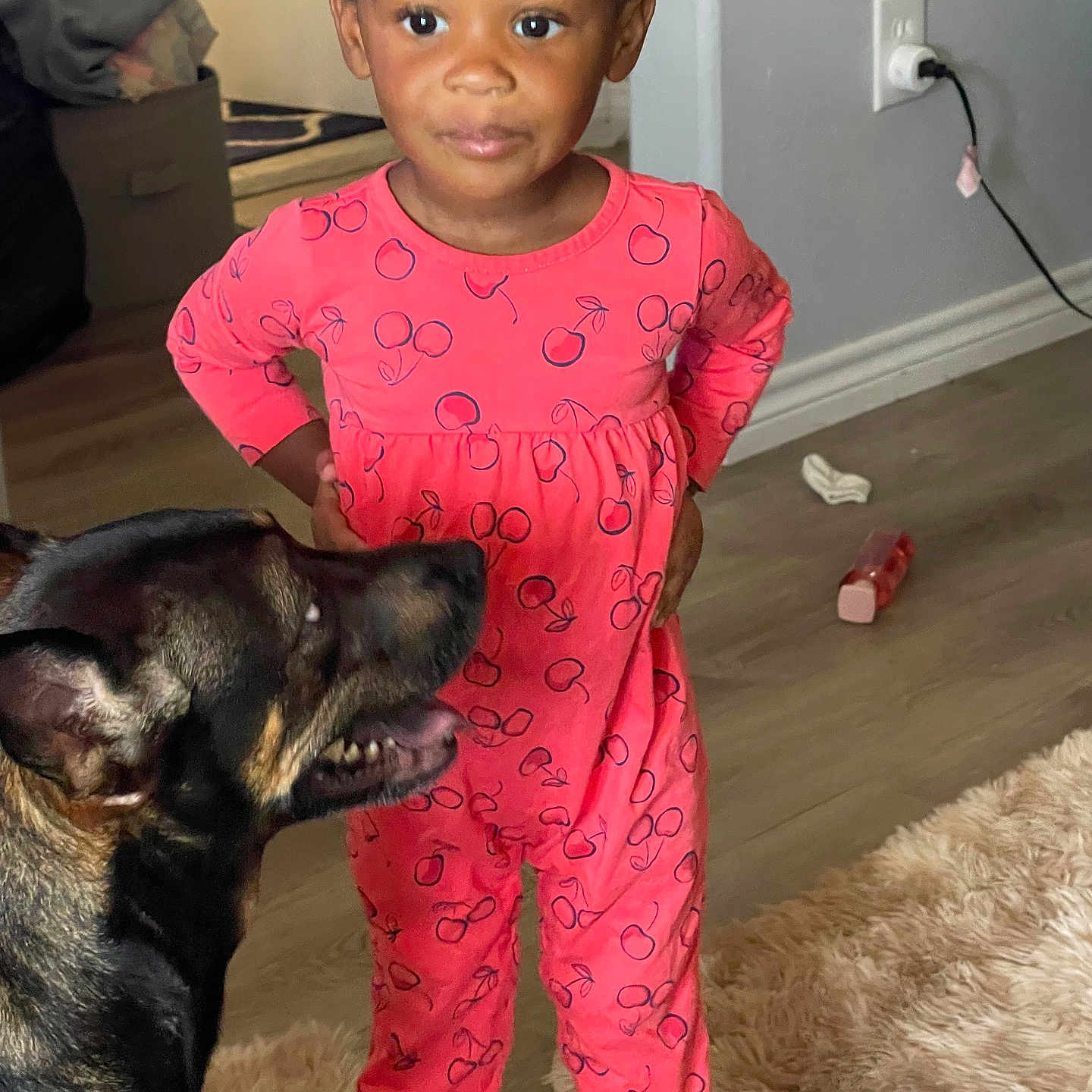 Erin is registered to the contest to win money with this photo: animal, canine, child, clothing, couch, dog, door, face, female, furniture, girl, happy, head, pajamas, person, pet, photography, portrait, puppy, standing