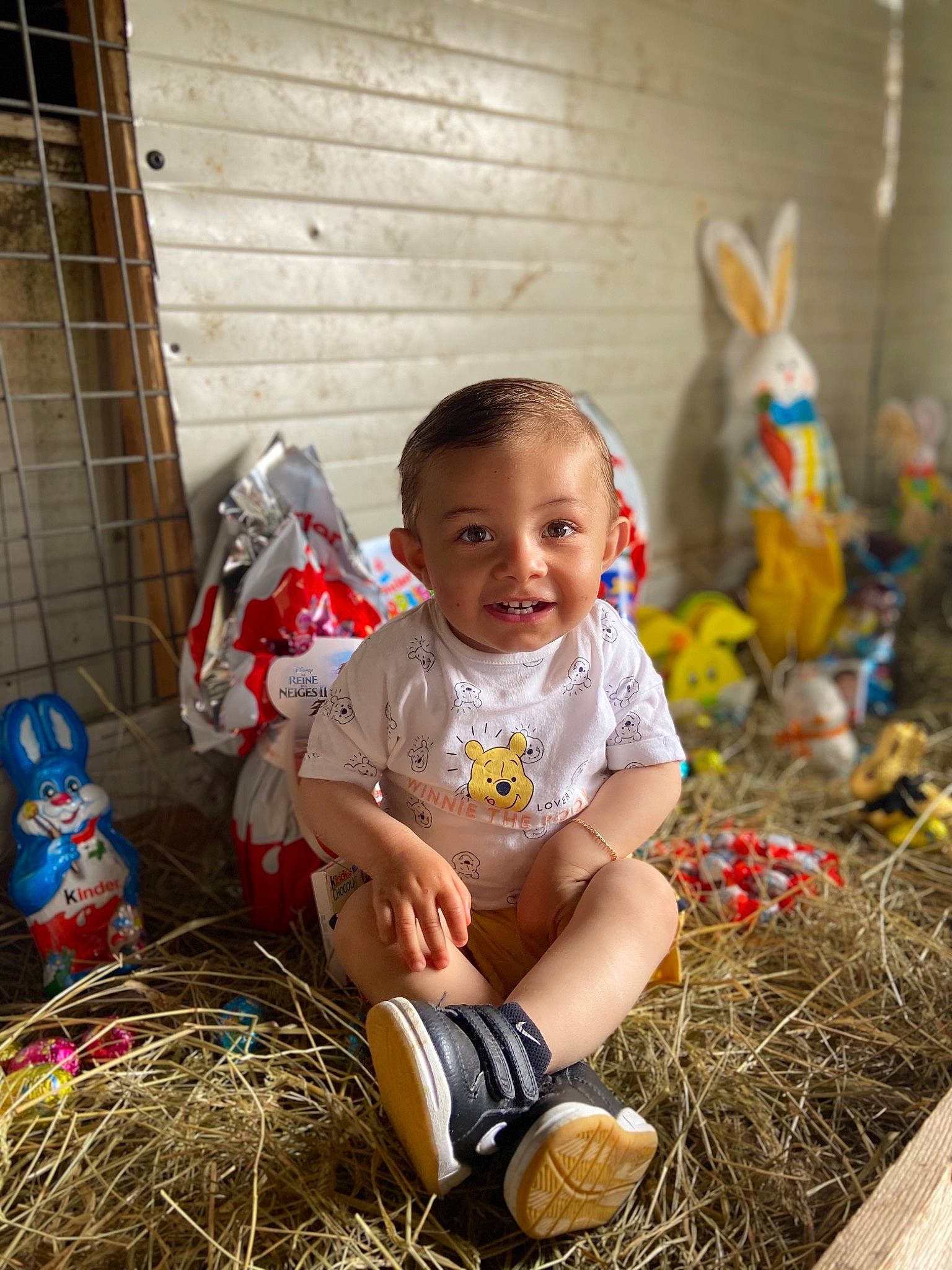 Seven participe au concours pour gagner de l'argent avec cette photo : baby, baby_products, baby_toddler_clothing, baby_toys, child, hay, human_body, joy, nose, overall, person, shoe, straw, stuffed_toy, toddler, toy