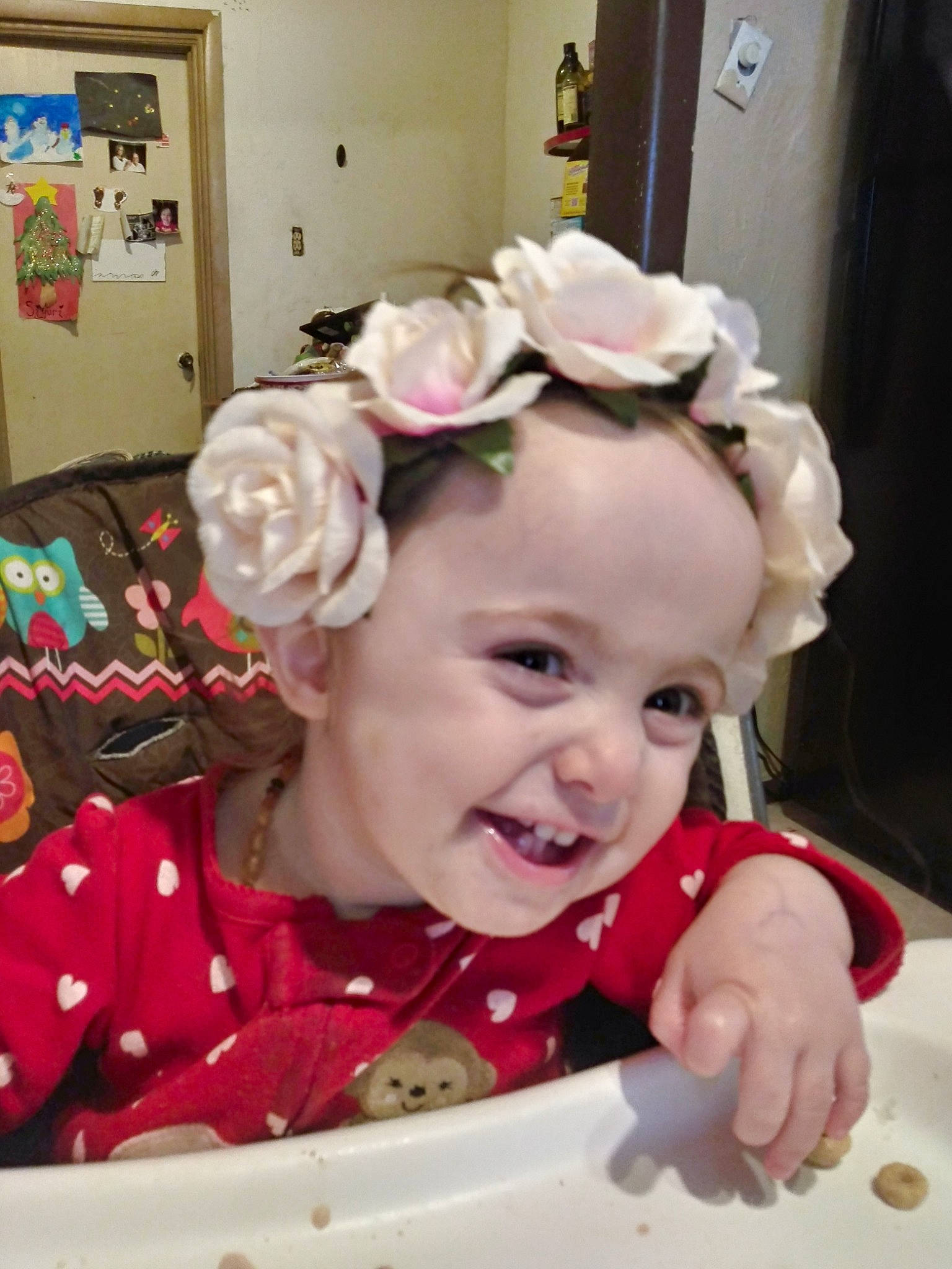 Kendra is registered to the contest to win money with this photo: baby, cheek, child, ear, face, facial_expression, fashion_accessory, hair_accessory, head, headband, headgear, headpiece, joy, person, pink, smile, toddler